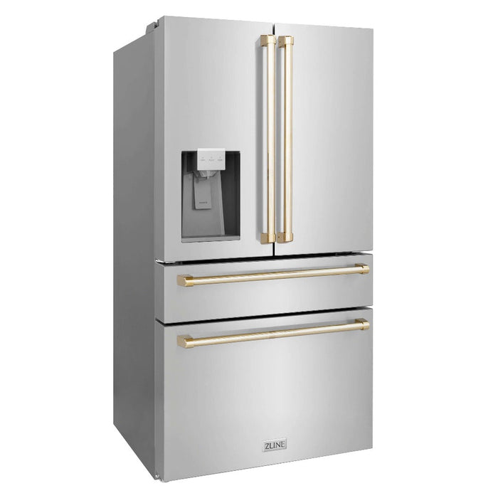 ZLINE 36 in. Autograph Edition 21.6 cu. ft 4-Door French Door Refrigerator with Water and Ice Dispenser in Fingerprint Resistant Stainless Steel with Champagne Bronze Traditional Handles (RFMZ-W-36-CB)