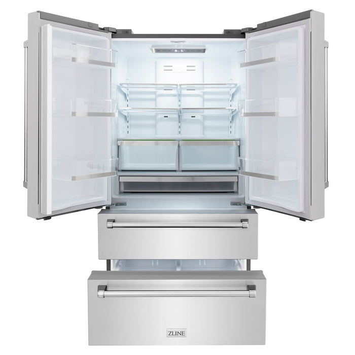 ZLINE Kitchen Package with Refrigeration, 36 in. Stainless Steel Rangetop, 36 in. Range Hood, 30 in. Double Wall Oven and 24 in. Tall Tub Dishwasher (5KPR-RTRH36-AWDDWV)