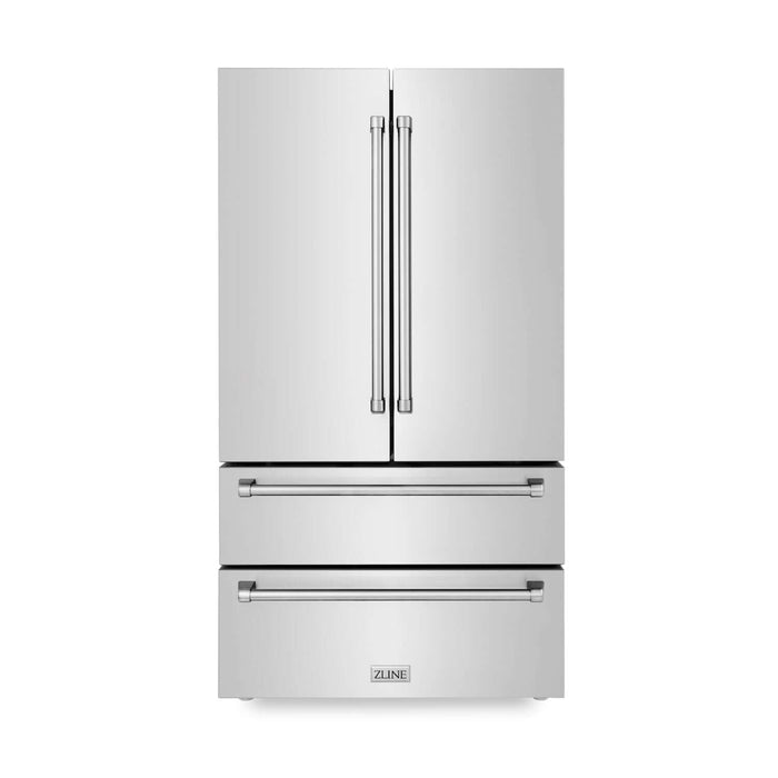 ZLINE Kitchen Package with Refrigeration, 36" Stainless Steel Gas Range, 36" Convertible Vent Range Hood and 24 in.  Tall Tub Dishwasher