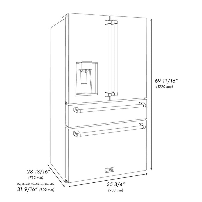 ZLINE Kitchen Package with Water and Ice Dispenser Refrigerator, 30 in.  Gas Range, 30 in.  Range Hood, Microwave Drawer, and 24 in.  Tall Tub Dishwasher