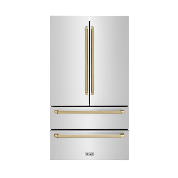 ZLINE 36 in. Autograph Edition 22.5 cu. ft 4-Door French Door Refrigerator with Ice Maker in Fingerprint Resistant Stainless Steel with Champagne Bronze Traditional Handles (RFMZ-36-CB)