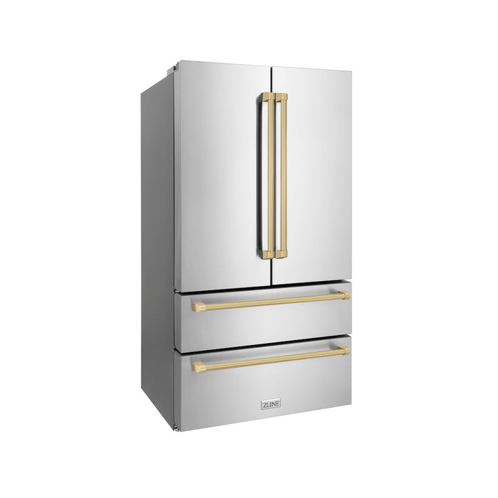 ZLINE 36 in. Autograph Edition 22.5 cu. ft 4-Door French Door Refrigerator with Ice Maker in Fingerprint Resistant Stainless Steel with Champagne Bronze Traditional Handles (RFMZ-36-CB)