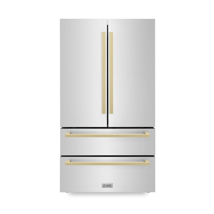 ZLINE 36 in. Autograph Edition 22.5 cu. ft 4-Door French Door Refrigerator with Ice Maker in Stainless Steel with Champagne Bronze Modern Handles (RFMZ-36-FCB)