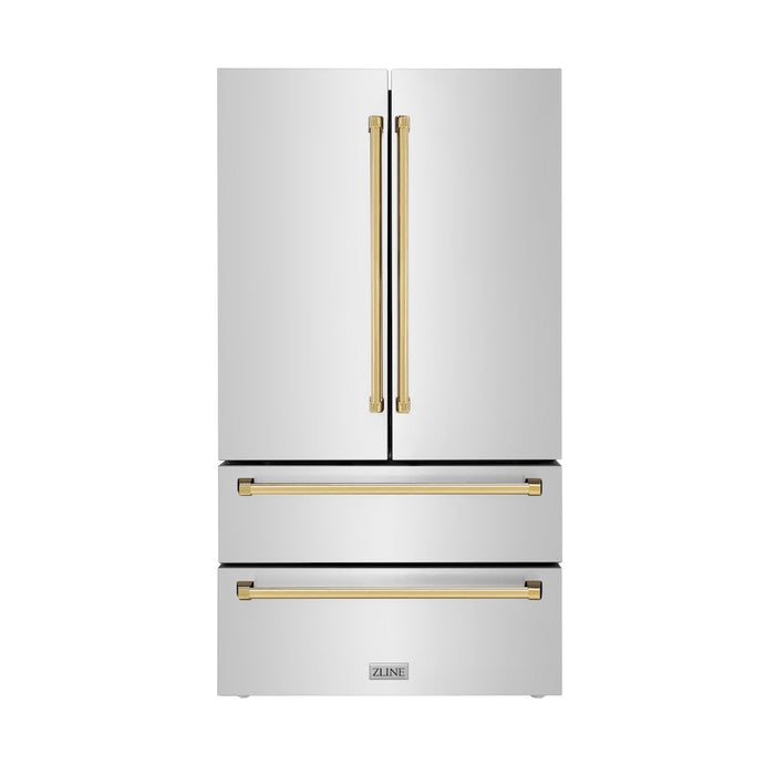 ZLINE 36 in. Autograph Edition 22.5 cu. ft 4-Door French Door Refrigerator with Ice Maker in Fingerprint Resistant Stainless Steel with Polished Gold Traditional Handles (RFMZ-36-G)