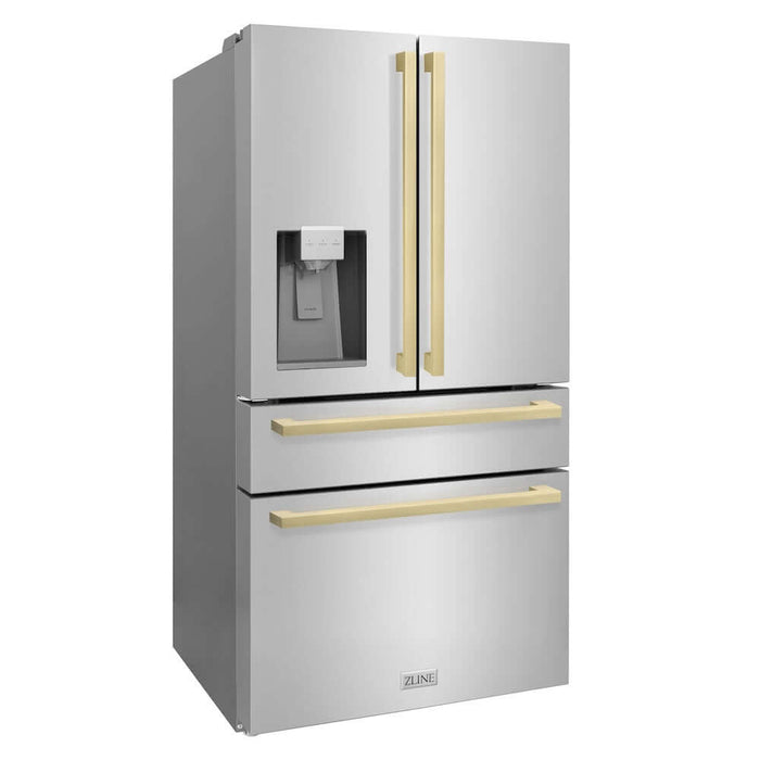 ZLINE 36 in. Autograph Edition 21.6 cu. ft 4-Door French Door Refrigerator with Water and Ice Dispenser in Stainless Steel with Champagne Bronze Modern Handles (RFMZ-W-36-FCB)