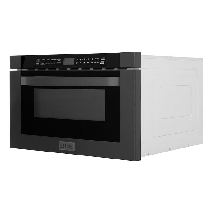 ZLINE Kitchen Package with Black Stainless Steel Refrigeration, 36 in. Dual Fuel Range, 36 in. Range Hood, Microwave Drawer, and 24 in. Tall Tub Dishwasher (5KPR-RABRH36-MWDWV)