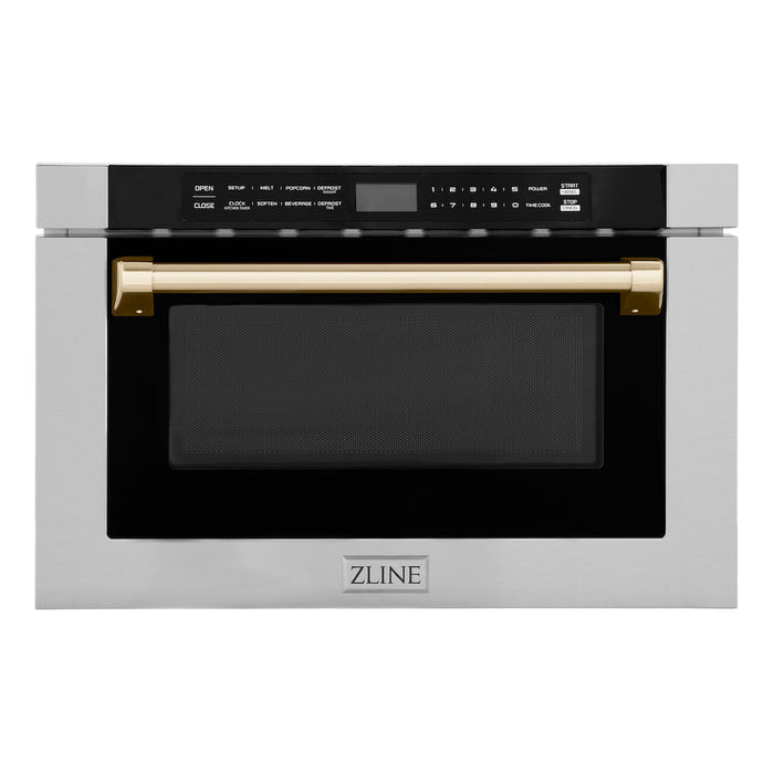 ZLINE Autograph Edition 24 in. 1.2 cu. ft. Built-in Microwave Drawer with a Traditional Handle in Stainless Steel and Polished Gold Accents (MWDZ-1-H-G)