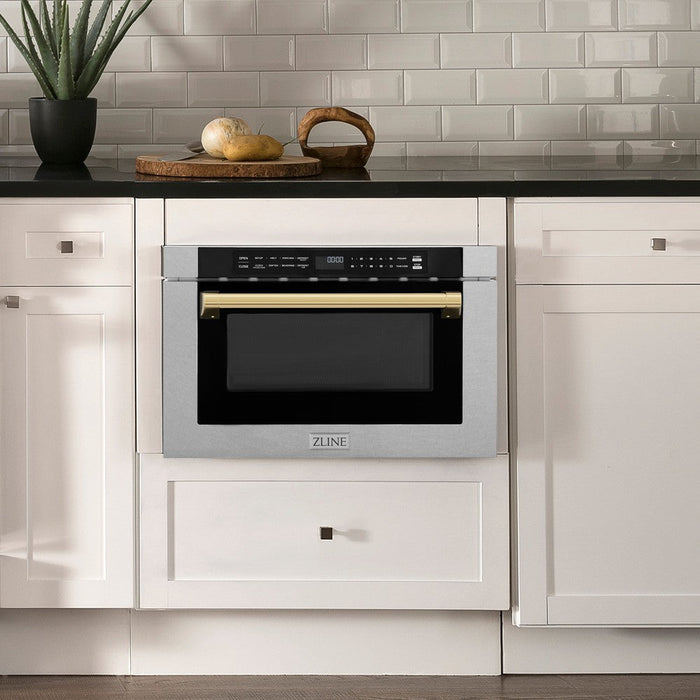 ZLINE Autograph Edition 24 in. Drawer Microwave in Fingerprint Resistant Stainless Steel with Traditional Handle and Polished Gold Accents (MWDZ-1-SS-H-G)