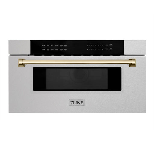 ZLINE Autograph Edition 30 in. 1.2 cu. ft. Built-In Microwave Drawer in Fingerprint Resistant Stainless Steel with Polished Gold Accents (MWDZ-30-SS-G) front, closed.