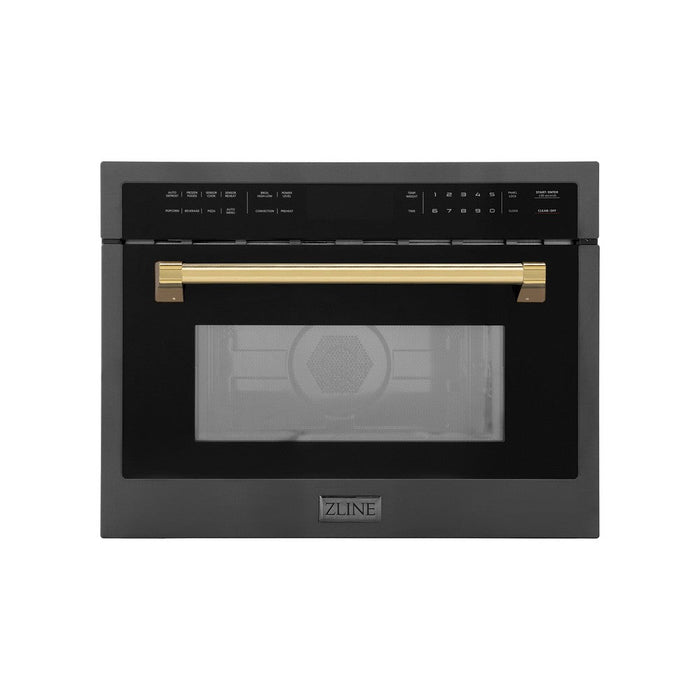 ZLINE Autograph Edition 24 in. 1.6 cu ft. Built-in Convection Microwave Oven in Black Stainless Steel with Polished Gold Accents (MWOZ-24-BS-G) front, closed.