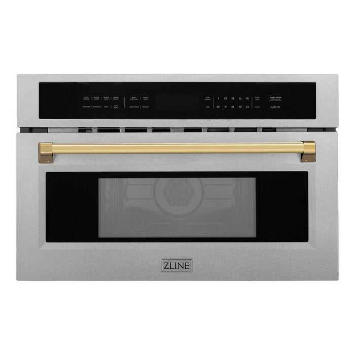 ZLINE Autograph Edition 30 in. 1.6 cu ft. Built-in Convection Microwave Oven in Fingerprint Resistant Stainless Steel with Polished Gold Accents (MWOZ-30-SS-G) front, closed.