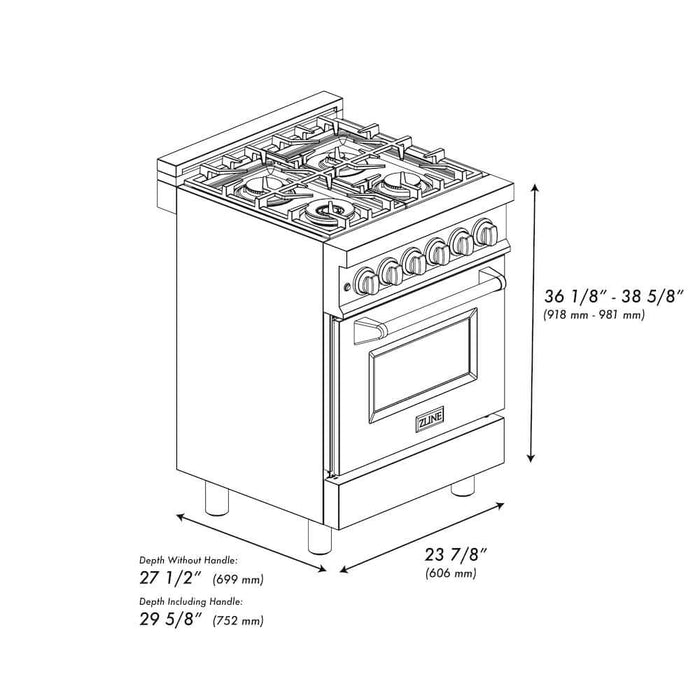 ZLINE 24 in. 2.8 cu. ft. Legacy Dual Fuel Range with Gas Cooktop and Electric Convection Oven in Black Stainless Steel with 4 Brass Burners (RAB-BR-24)