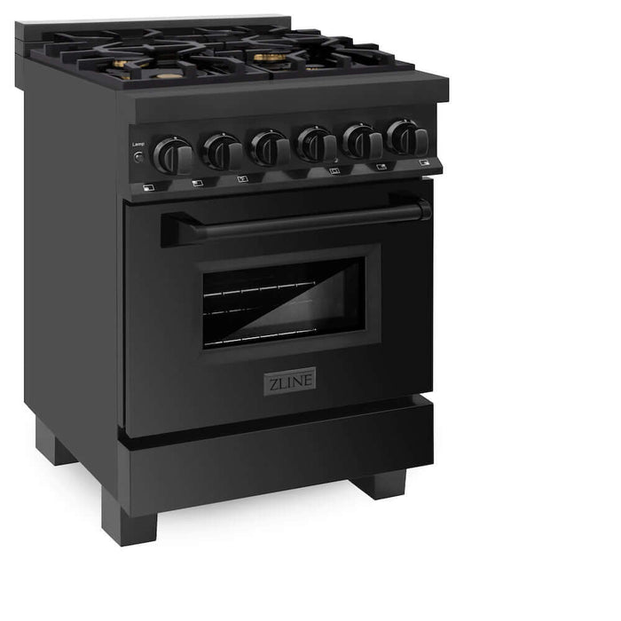 ZLINE 24 in. 2.8 cu. ft. Legacy Dual Fuel Range with Gas Cooktop and Electric Convection Oven in Black Stainless Steel with 4 Brass Burners (RAB-BR-24)