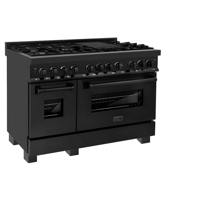 ZLINE 48 in. Kitchen Package with Black Stainless Steel Dual Fuel Range and Convertible Vent Range Hood (2KP-RABRH48)