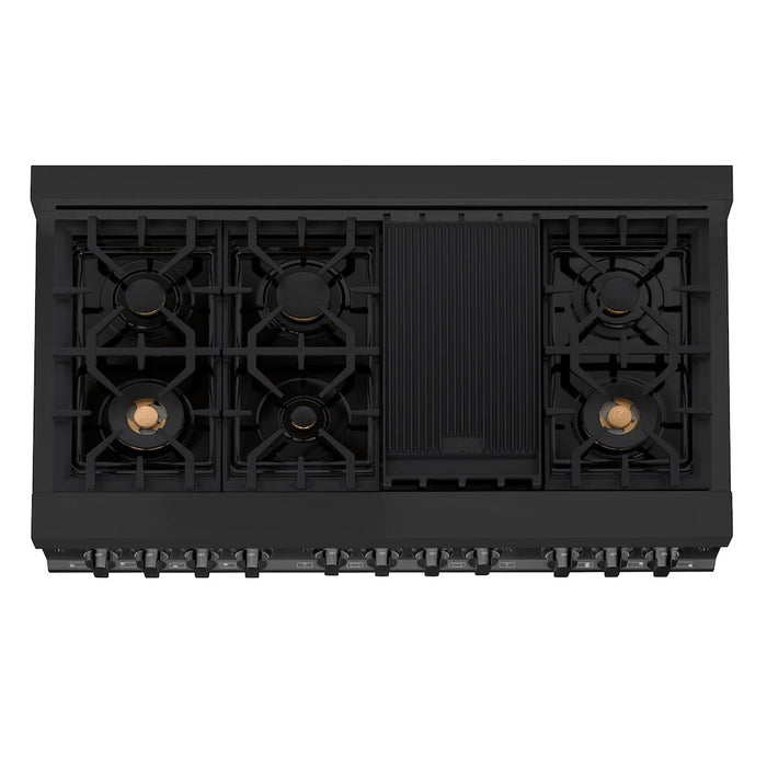 ZLINE Kitchen Package with Black Stainless Steel Refrigeration, 48 in. Dual Fuel Range, 48 in. Range Hood, Microwave Drawer, and 24 in. Tall Tub Dishwasher (5KPR-RABRH48-MWDWV)