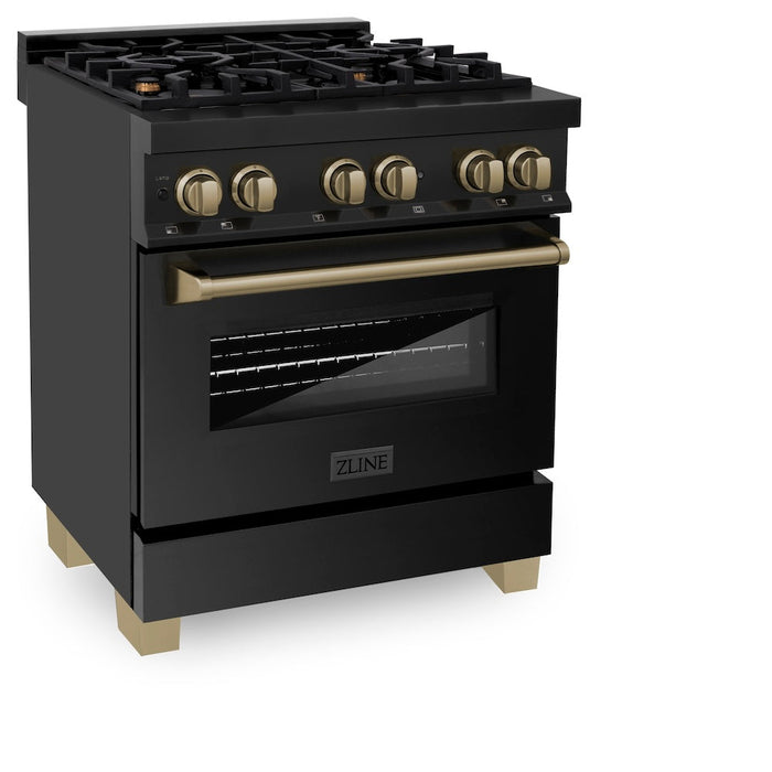 ZLINE Autograph Edition 30 in. Kitchen Package with Black Stainless Steel Dual Fuel Range and Range Hood with Champagne Bronze Accents (2AKP-RABRH30-CB)