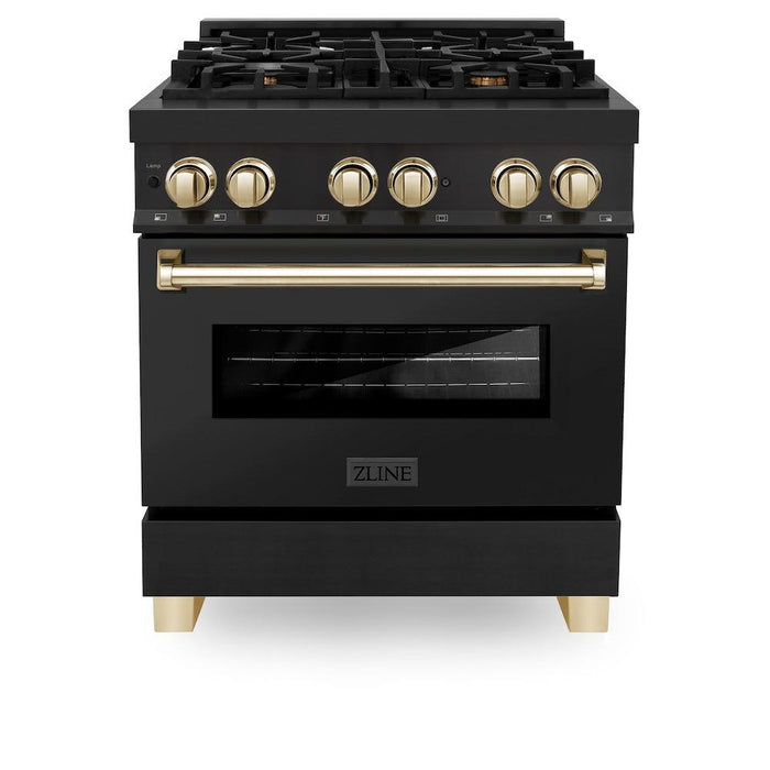 ZLINE Autograph Edition 30 in. 4.0 cu. ft. Dual Fuel Range with Gas Stove and Electric Oven in Black Stainless Steel with Polished Gold Accents (RABZ-30-G)