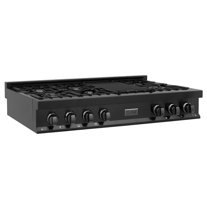 ZLINE 48 in. Porcelain Gas Rangetop in Black Stainless Steel with 7 Gas Brass Burners and Griddle (RTB-48)