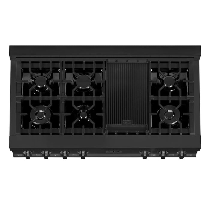 ZLINE 48 in. Porcelain Gas Rangetop in Black Stainless Steel with 7 Gas Brass Burners and Griddle (RTB-48)