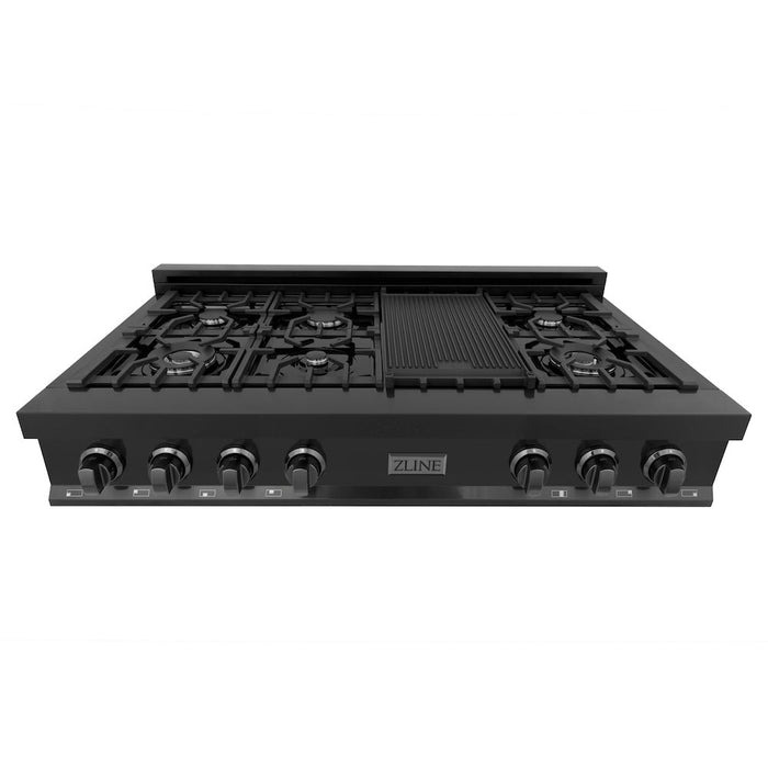 ZLINE 48 in. Porcelain Gas Rangetop in Black Stainless Steel with 7 Gas Brass Burners and Griddle (RTB-48)