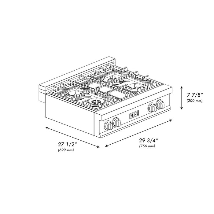 ZLINE 30 in. Porcelain Gas Rangetop in Black Stainless Steel with 4 Brass Burners (RTB-BR-30)