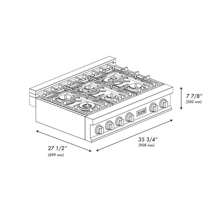 ZLINE 36 in. Porcelain Gas Rangetop in Black Stainless Steel with 6 Gas Brass Burners (RTB-BR-36)