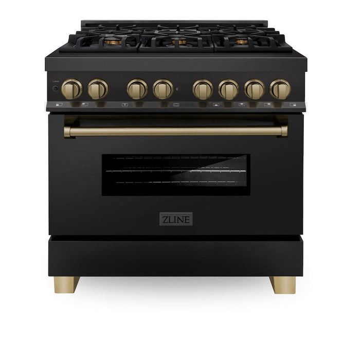 ZLINE Autograph Edition 36 in. 4.6 cu. ft. Dual Fuel Range with Gas Stove and Electric Oven in Black Stainless Steel with Champagne Bronze Accents (RABZ-36-CB)