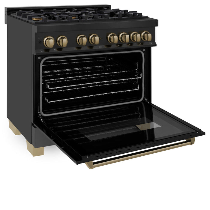 ZLINE Autograph Edition 36 in. 4.6 cu. ft. Dual Fuel Range with Gas Stove and Electric Oven in Black Stainless Steel with Champagne Bronze Accents (RABZ-36-CB)