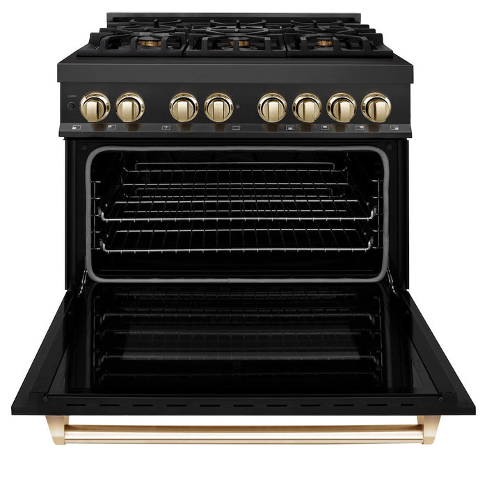 ZLINE Autograph Edition 36 in. Kitchen Package with Black Stainless Steel Dual Fuel Range, Range Hood and Dishwasher with Polished Gold Accents (3AKP-RABRHDWV36-G)