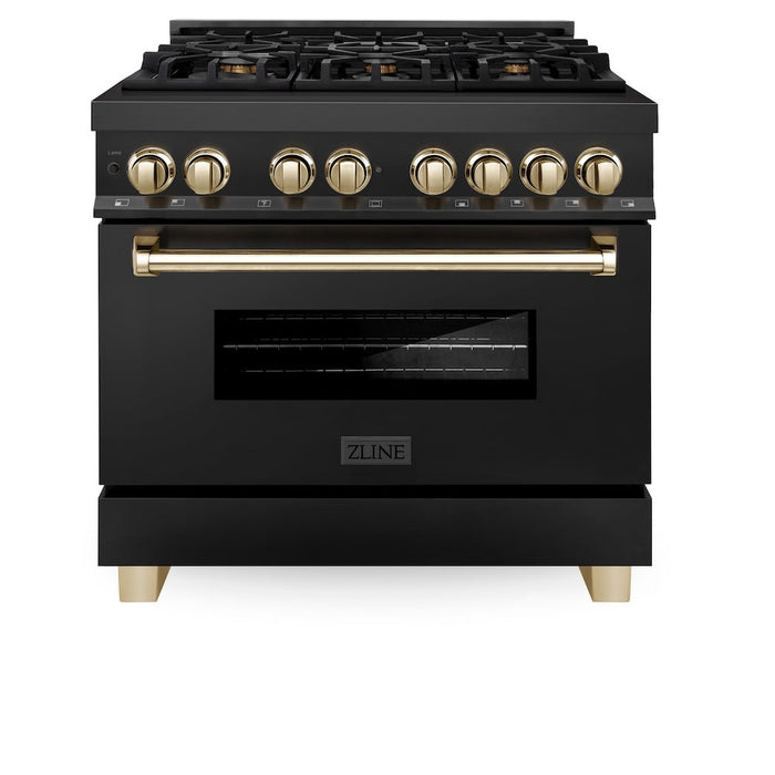 ZLINE Autograph Edition 36 in. Kitchen Package with Black Stainless Steel Dual Fuel Range, Range Hood and Dishwasher with Polished Gold Accents (3AKP-RABRHDWV36-G)