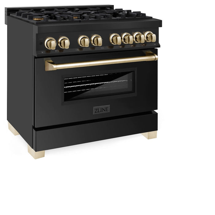 ZLINE Autograph Edition 36 in. Kitchen Package with Black Stainless Steel Dual Fuel Range and Range Hood with Polished Gold Accents (2AKP-RABRH36-G)