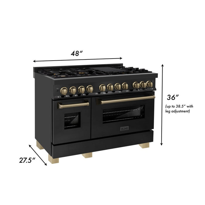 ZLINE Autograph Edition 48 in. Kitchen Package with Black Stainless Steel Dual Fuel Range, Range Hood, Dishwasher, and French Door Refrigerator with Champagne Bronze Accents (4AKPR-RABRHDWV48-CB)