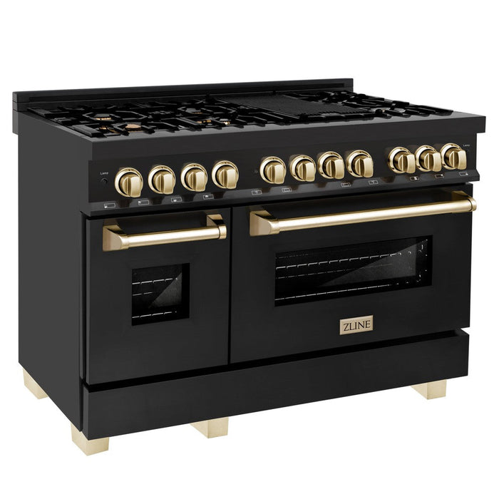 ZLINE Autograph Edition 48 in. Kitchen Package with Black Stainless Steel Dual Fuel Range, Range Hood, Dishwasher and Refrigeration Including External Water Dispenser with Polished Gold Accents (4AKPR-RABRHDWV48-G)