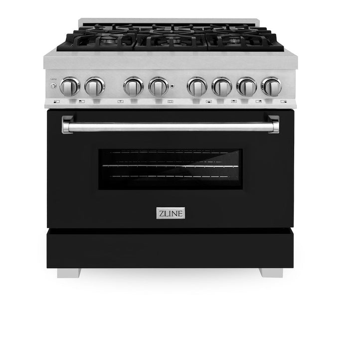 ZLINE 36 in. Kitchen Package with Fingerprint Resistant Stainless Steel Dual Fuel Range with Black Matte Door and Convertible Vent Range Hood (2KP-RASBLMRH36)