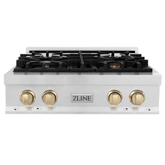 ZLINE Autograph Edition 30 in. Porcelain Rangetop with 4 Gas Burners in DuraSnow® Stainless Steel with Polished Gold Accents (RTSZ-30-G)