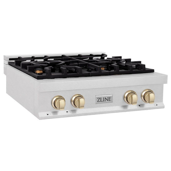 ZLINE Autograph Edition 30 in. Porcelain Rangetop with 4 Gas Burners in DuraSnow® Stainless Steel with Polished Gold Accents (RTSZ-30-G)