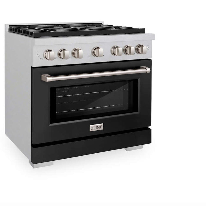 ZLINE 36 in. 5.2 cu. ft. Paramount Dual Fuel Range with 6 Burner Gas Cooktop and Electric Convection Oven in DuraSnow® Stainless Steel with Black Matte Door (SDRS-BLM-36)