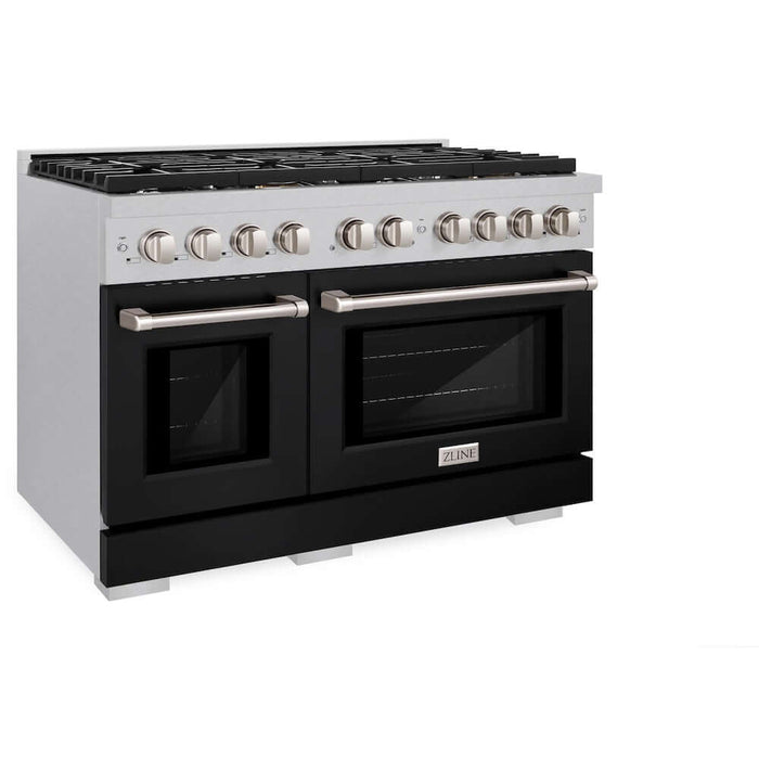 ZLINE 48 in. 6.7 cu. ft. Paramount Double Oven Dual Fuel Range with 8 Burner Gas Cooktop in DuraSnow® Stainless Steel with Black Matte Doors (SDRS-BLM-48)