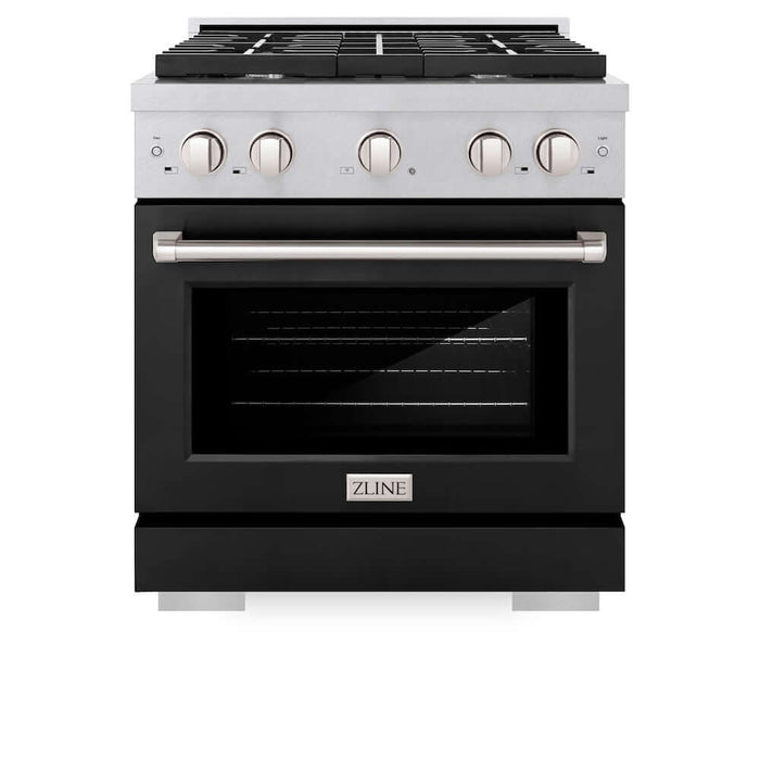 ZLINE 30 in. 4.2 cu. ft. Paramount Gas Range with 4 Burner Cooktop and Convection Gas Oven in DuraSnow® Stainless Steel with Black Matte Door (SGRS-BLM-30)