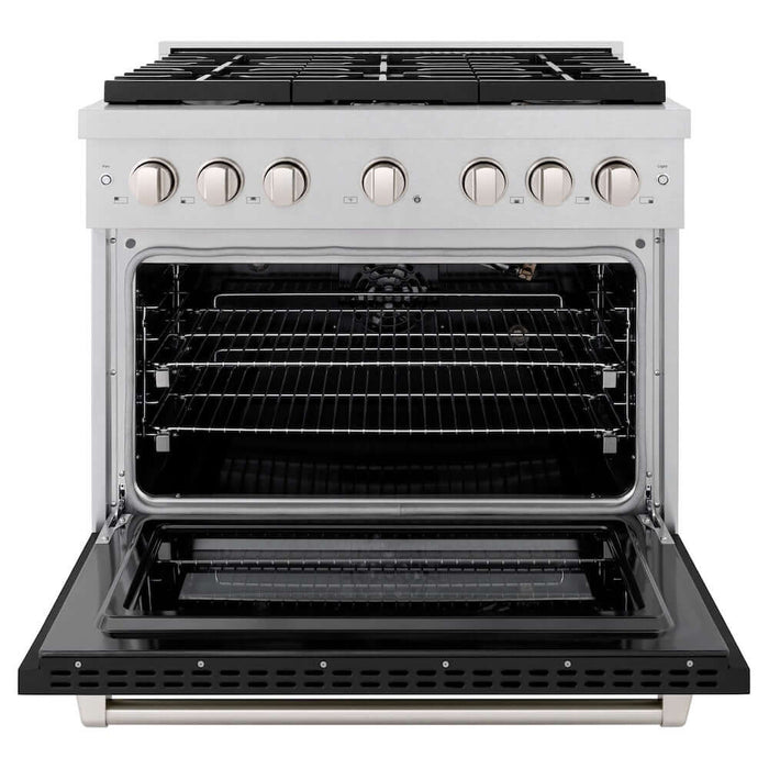 ZLINE 36 in. 5.2 cu. ft. Paramount Gas Range with 6 Burner Cooktop and Convection Gas Oven in DuraSnow® Stainless Steel with Black Matte Door (SGRS-BLM-36)