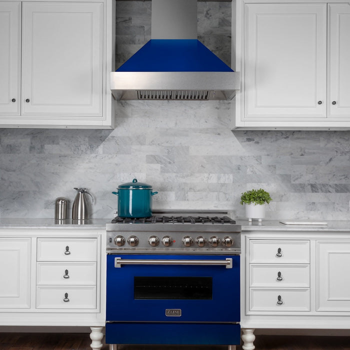 ZLINE 30 in. Kitchen Package with Fingerprint Resistant Stainless Steel Dual Fuel Range with Blue Gloss Door and Convertible Vent Range Hood (2KP-RASBGRH30)