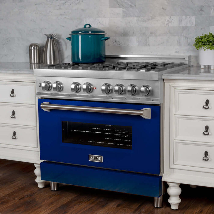 ZLINE 30 in. 4.0 cu. ft. Dual Fuel Range with Gas Stove and Electric Oven in All Fingerprint Resistant Stainless Steel with Blue Gloss Door (RAS-BG-30)