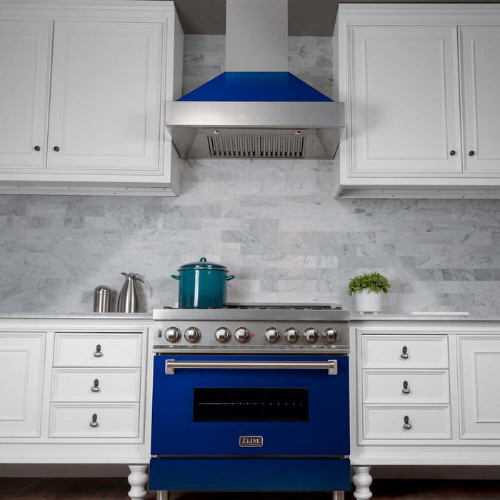 ZLINE 30 in. 4.0 cu. ft. Dual Fuel Range with Gas Stove and Electric Oven in All Fingerprint Resistant Stainless Steel with Blue Gloss Door (RAS-BG-30)