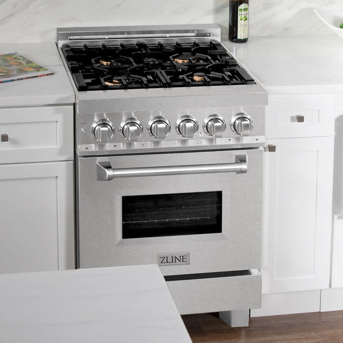 ZLINE 24 in. 2.8 cu. ft. Dual Fuel Range with Gas Stove and Electric Oven in Fingerprint Resistant Stainless Steel with Brass Burners (RAS-SN-BR-24)