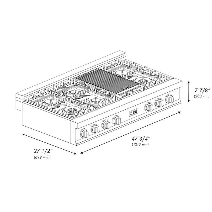 ZLINE 48 in. Porcelain Gas Rangetop in DuraSnow® Stainless Steel with 7 Gas Burners with Brass Burners and Griddle (RTS-BR-48)