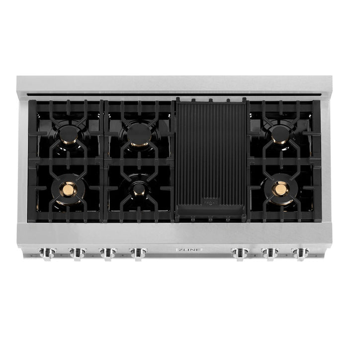 ZLINE 48 in. Porcelain Gas Rangetop in DuraSnow® Stainless Steel with 7 Gas Burners with Brass Burners and Griddle (RTS-BR-48)