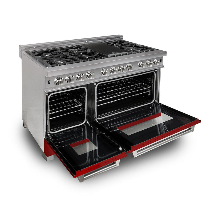 ZLINE 48 in. Kitchen Package with Fingerprint Resistant Stainless Steel Dual Fuel Range with Red Matte Door and Convertible Vent Range Hood (2KP-RASRMRH48)