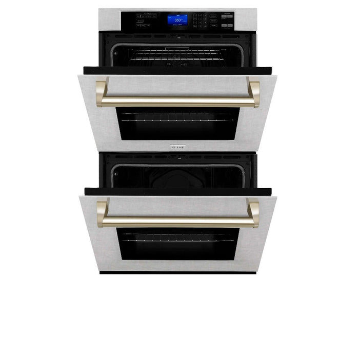 ZLINE Autograph Edition 30 in. Electric Double Wall Oven with Self Clean and True Convection in DuraSnow® Stainless Steel and Polished Gold Accents (AWDSZ-30-G)