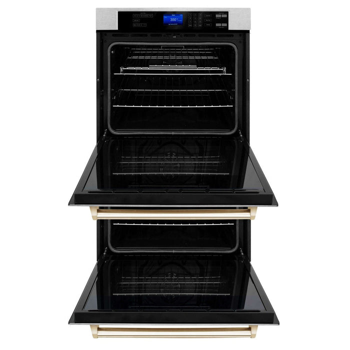 ZLINE Autograph Edition 30 in. Electric Double Wall Oven with Self Clean and True Convection in DuraSnow® Stainless Steel and Polished Gold Accents (AWDSZ-30-G)