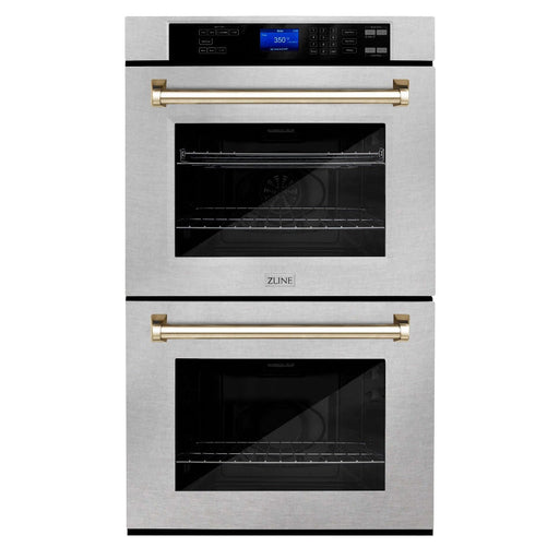 ZLINE Autograph Edition 30 in. Electric Double Wall Oven with Self Clean and True Convection in DuraSnow® Stainless Steel and Polished Gold Accents (AWDSZ-30-G)